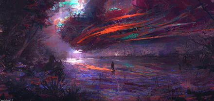 A vivid sci-fi digital artwork featuring a lone figure beneath a massive, glowing spacecraft, designed as an HD PC desktop wallpaper and background.