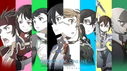 HD desktop wallpaper featuring characters from Sword Art Online Movie: Ordinal Scale, depicted in vibrant, colorful backgrounds.
