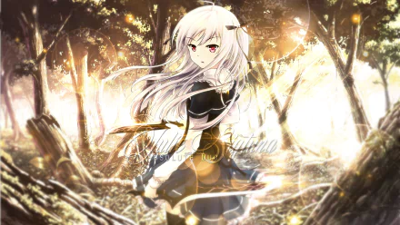 A captivating HD desktop wallpaper featuring Julie Sigtuna from the anime Absolute Duo, set in a mystical forest with ethereal lighting and dynamic movement.