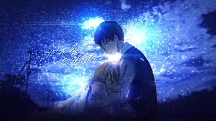 A stunning HD wallpaper featuring Kousei Arima and Kaori Miyazono from the anime Your Lie in April, set against a backdrop of shimmering starlight and emotion.