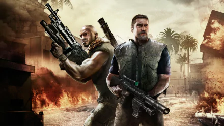 HD PC desktop wallpaper of the video game Conflict: Denied Ops featuring two armed soldiers back-to-back in a fiery, palm-lined urban warzone.
