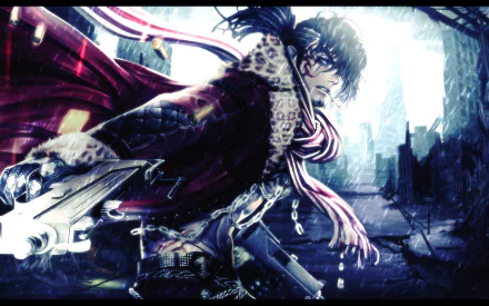 Anime Gang Road Joker HD PC desktop wallpaper: dark-haired rebel in a tattered coat and striped scarf, blades drawn amid a rain-slick, ruined cityscape.