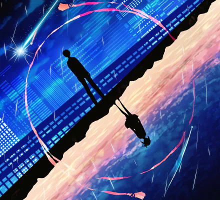Silhouette of Taki Tachibana and Mitsuha Miyamizu from the anime Your Name with a comet in the sky, depicted in an HD desktop wallpaper and background.