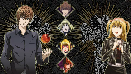 HD anime desktop wallpaper featuring Death Note characters Light, Misa, and Ryuk against a dark, intricate background.