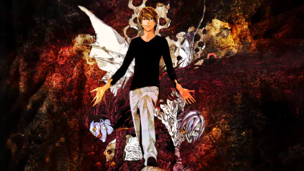HD anime desktop wallpaper featuring Light Yagami from Death Note with dark, fiery background and symbolic imagery surrounding him.
