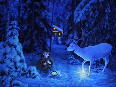 2K Quad HD PC desktop wallpaper background: a magical Christmas night in a snowy forest where a little boy holds a glowing lantern and a gentle reindeer stands near a lit cabin.