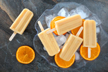 4K Ultra HD wallpaper featuring creamy orange ice cream popsicles on ice cubes with fresh orange slices, creating a refreshing and vibrant food display.