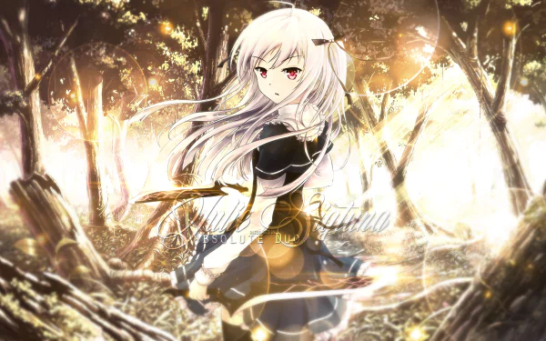 A captivating HD desktop wallpaper featuring Julie Sigtuna from the anime Absolute Duo, set in a mystical forest with ethereal lighting and dynamic movement.