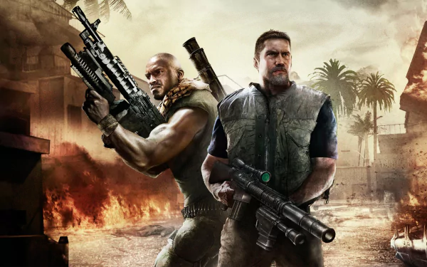HD PC desktop wallpaper of the video game Conflict: Denied Ops featuring two armed soldiers back-to-back in a fiery, palm-lined urban warzone.