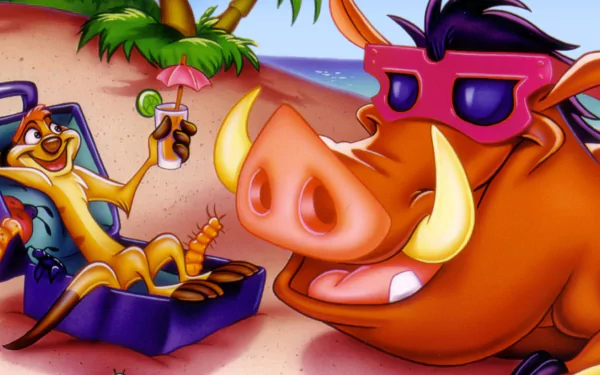 HD PC desktop wallpaper featuring Timon and Pumbaa relaxing on a beach, from the 1994 movie The Lion King.