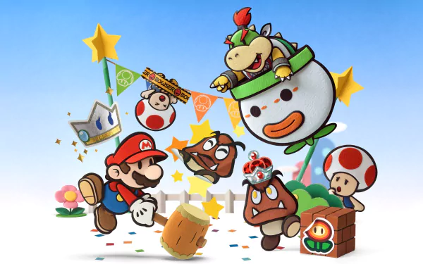 HD PC desktop wallpaper — Paper Mario: Sticker Star video game art: paper-style Mario, Toad, Goombas, Bowser Jr. and stickers in a bright, playful scene.