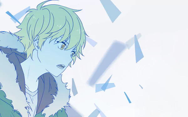 A captivating HD wallpaper featuring Yukine from Noragami, showcasing his expressive features against a backdrop of cool blue shards, enhancing the anime's ethereal vibe.