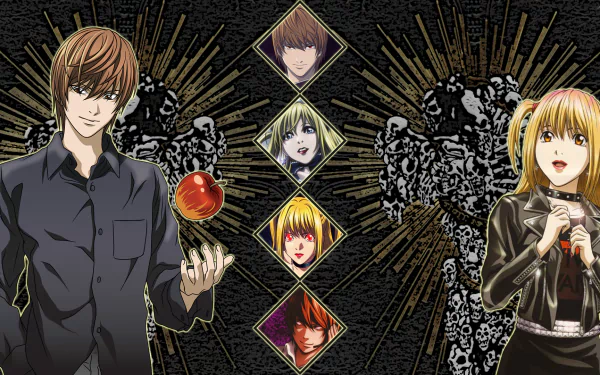 HD anime desktop wallpaper featuring Death Note characters Light, Misa, and Ryuk against a dark, intricate background.