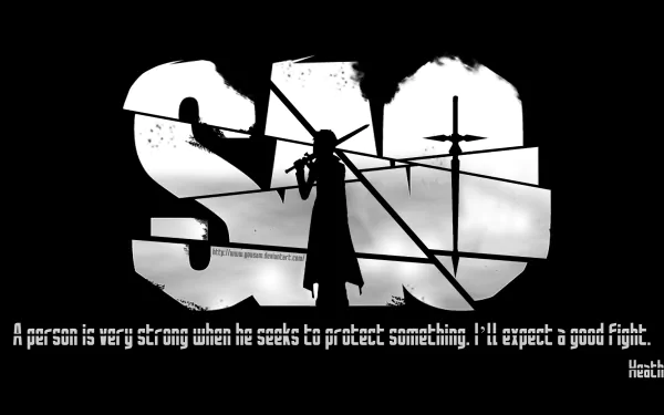 Anime-inspired HD desktop wallpaper featuring a strong character silhouette, accompanied by a motivational quote, emphasizing strength in protection. A striking addition to any fan's collection.