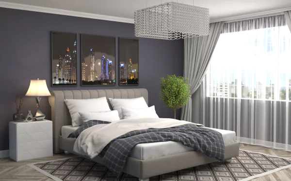 4K Ultra HD bedroom wallpaper featuring a modern bed with white and gray bedding, a bedside lamp, cityscape wall art, a potted plant, and large window curtains.