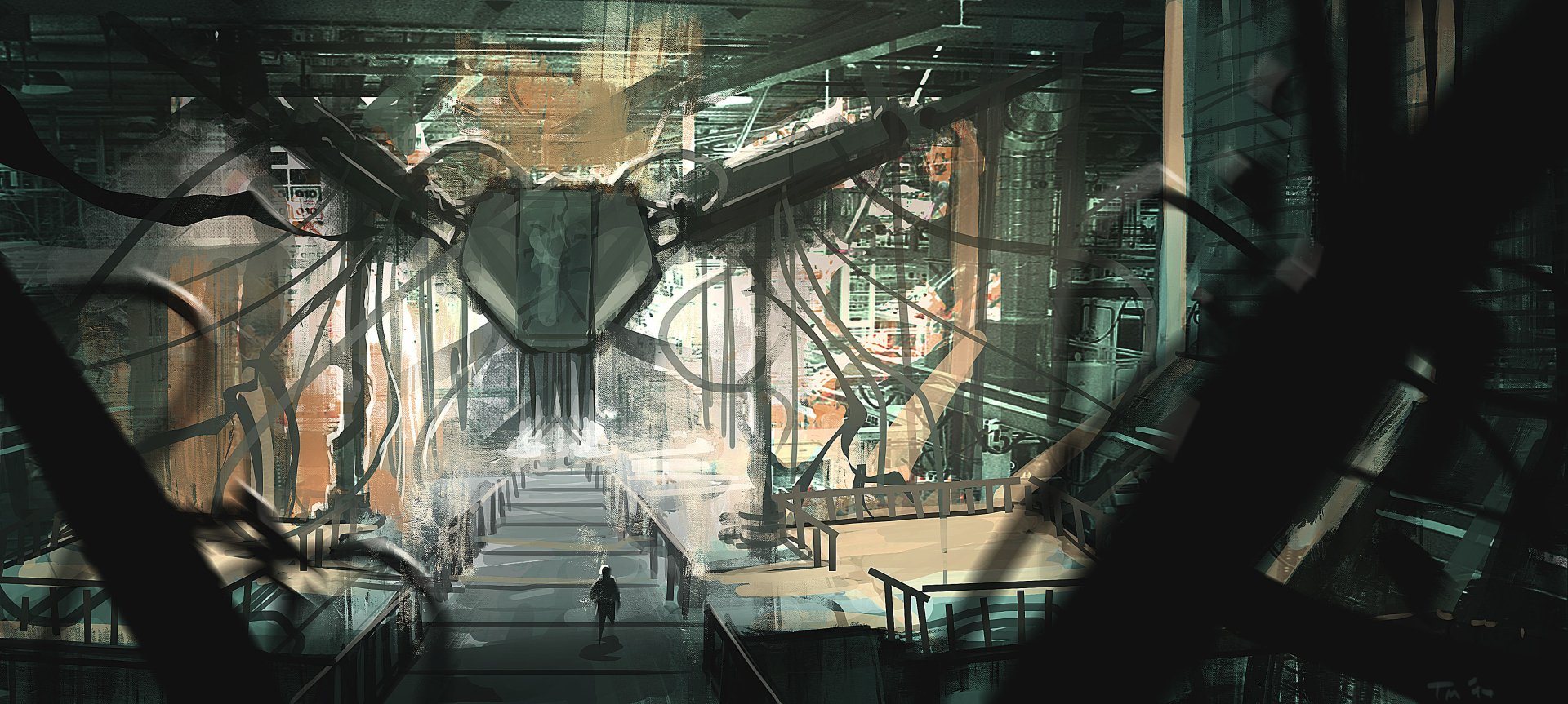 Sci Fi artistic 2K Quad HD PC desktop wallpaper and background: vast industrial hangar with a towering suspended mech, tangled cables and catwalks, lone figure walking toward a central platform.