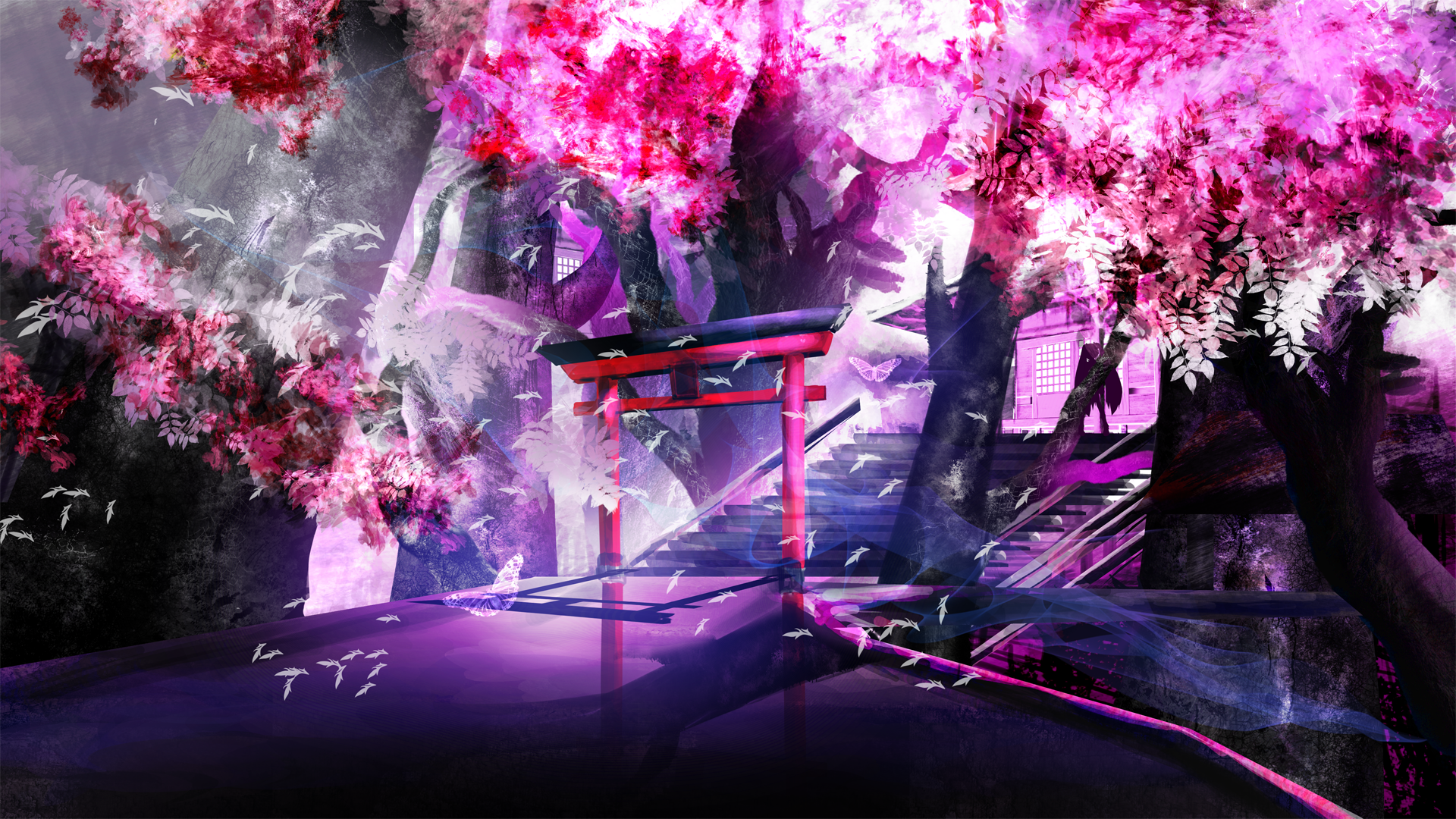 HD desktop wallpaper featuring Hatsune Miku from Anime and Vocaloid, set against a vibrant background of pink cherry blossoms and a traditional Japanese torii gate.