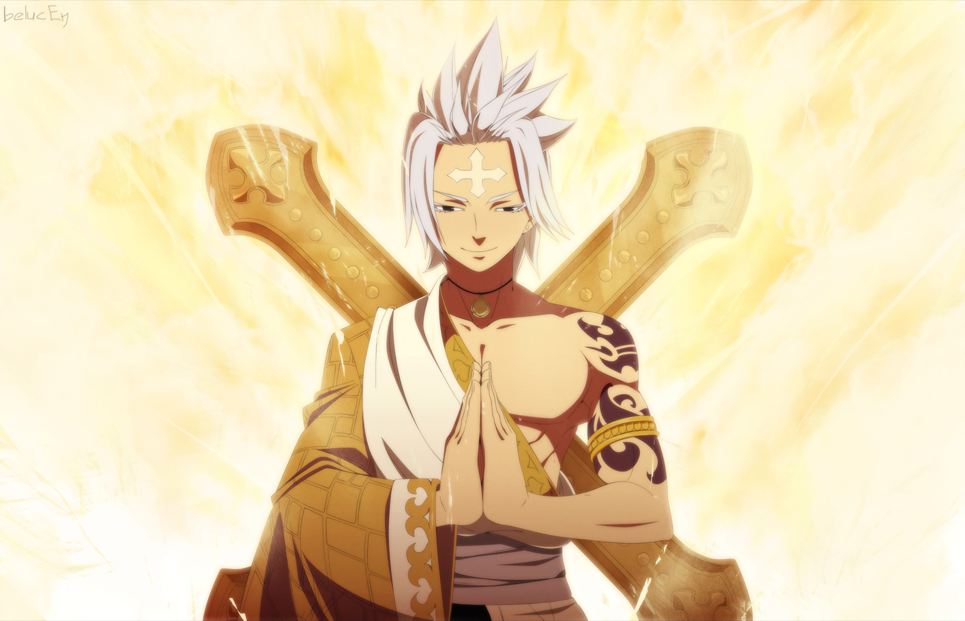 HD PC desktop wallpaper featuring Larcade Dragneel from the anime Fairy Tail, depicted with a serene expression and glowing golden background.