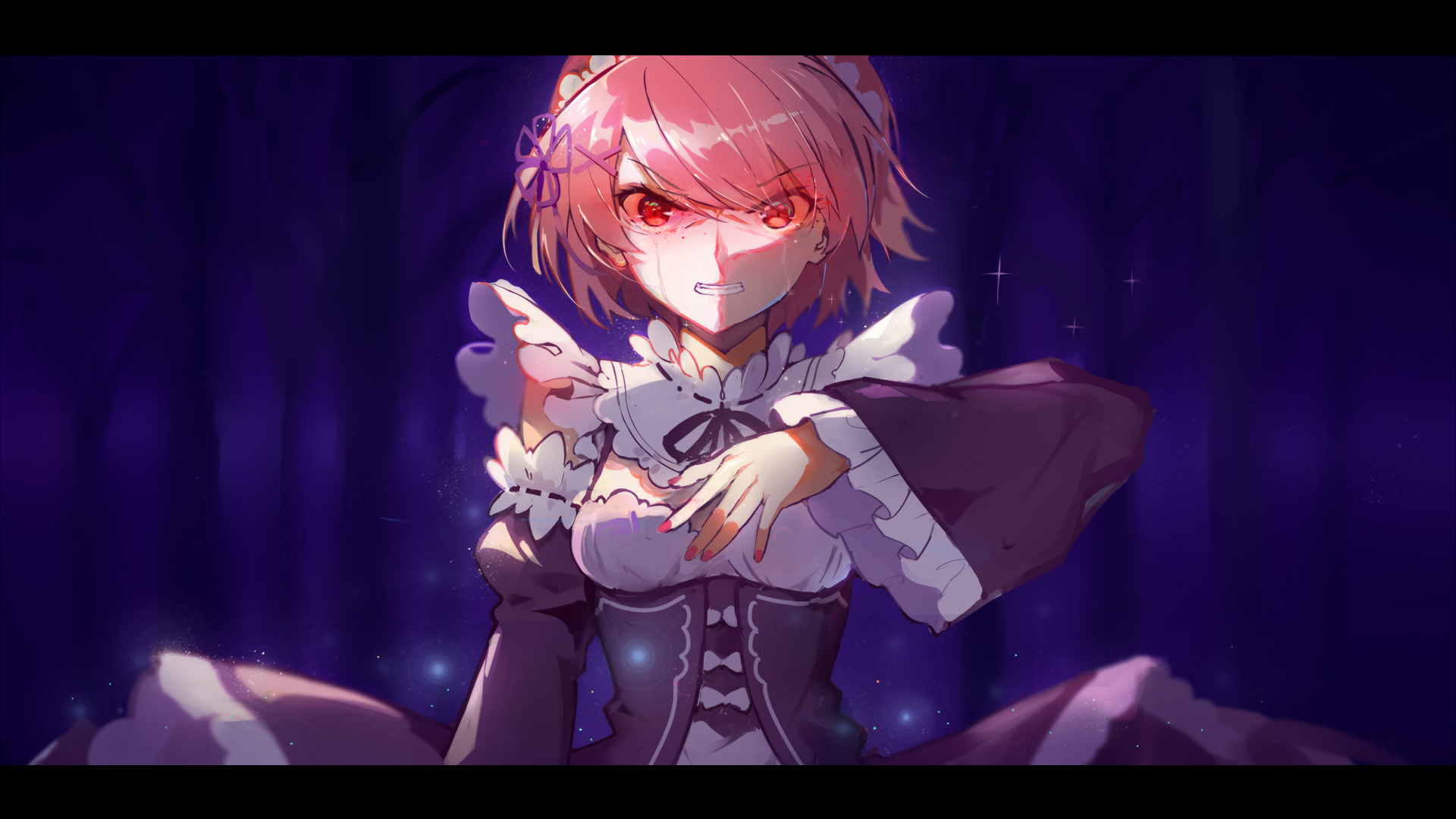 A stunning HD desktop wallpaper featuring Ram from *Re:ZERO - Starting Life in Another World*, depicted with intense expression in a mysterious, dark forest setting.