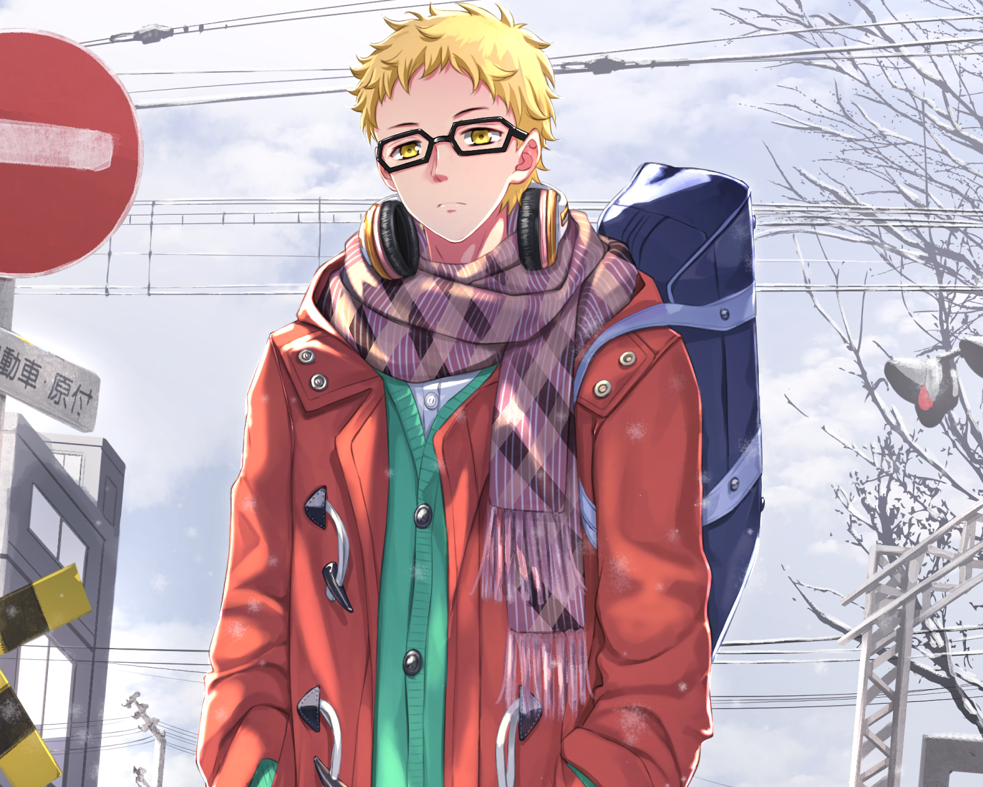 Anime-inspired HD wallpaper featuring a character from Haikyū!!, dressed warmly in an orange jacket and headphones, set against a wintery urban background.