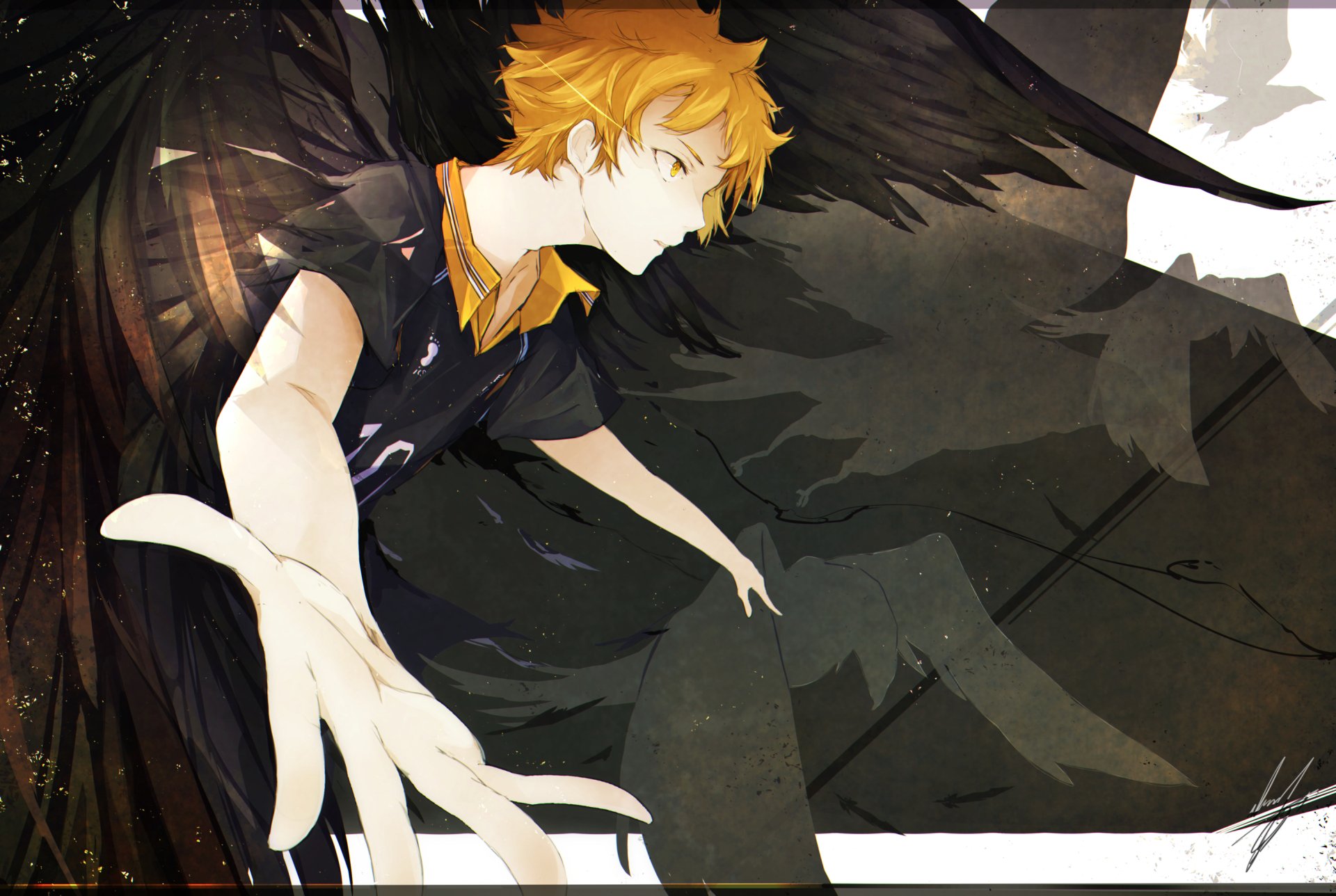 HD anime wallpaper featuring Shōyō Hinata from Haikyū!! with dynamic pose and dark wings, showcasing vibrant colors and detailed artwork.