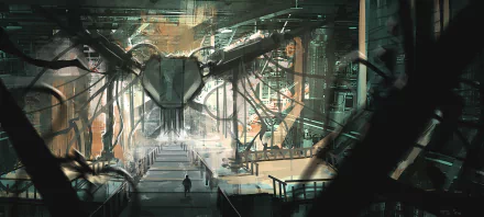 Sci Fi artistic 2K Quad HD PC desktop wallpaper and background: vast industrial hangar with a towering suspended mech, tangled cables and catwalks, lone figure walking toward a central platform.