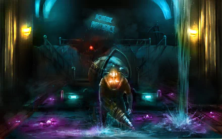 A dramatic HD wallpaper from Bioshock 2, featuring a menacing Big Daddy emerging from water, illuminated by eerie blue and purple lights in a dark, atmospheric setting.