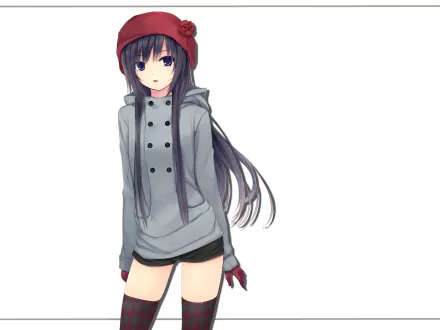 HD anime original artwork of a girl with long dark hair, wearing a gray hoodie, red beanie, and black shorts, designed as a PC desktop wallpaper.