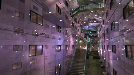 A vibrant anime-inspired interior featuring a modern building with transparent walls, colorful reflections, and a staircase, designed as an HD desktop wallpaper and background.