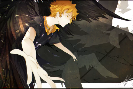 HD anime wallpaper featuring Shōyō Hinata from Haikyū!! with dynamic pose and dark wings, showcasing vibrant colors and detailed artwork.