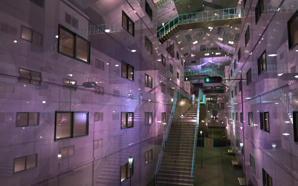 A vibrant anime-inspired interior featuring a modern building with transparent walls, colorful reflections, and a staircase, designed as an HD desktop wallpaper and background.