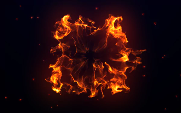HD PC desktop wallpaper: artistic circular flame and fire tendrils with glowing sparkles against a deep dark background.