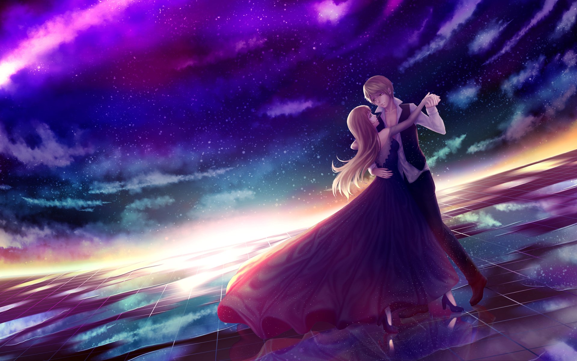 Starry Night Romance: Anime Love Under the Cosmic Sky HD Wallpaper