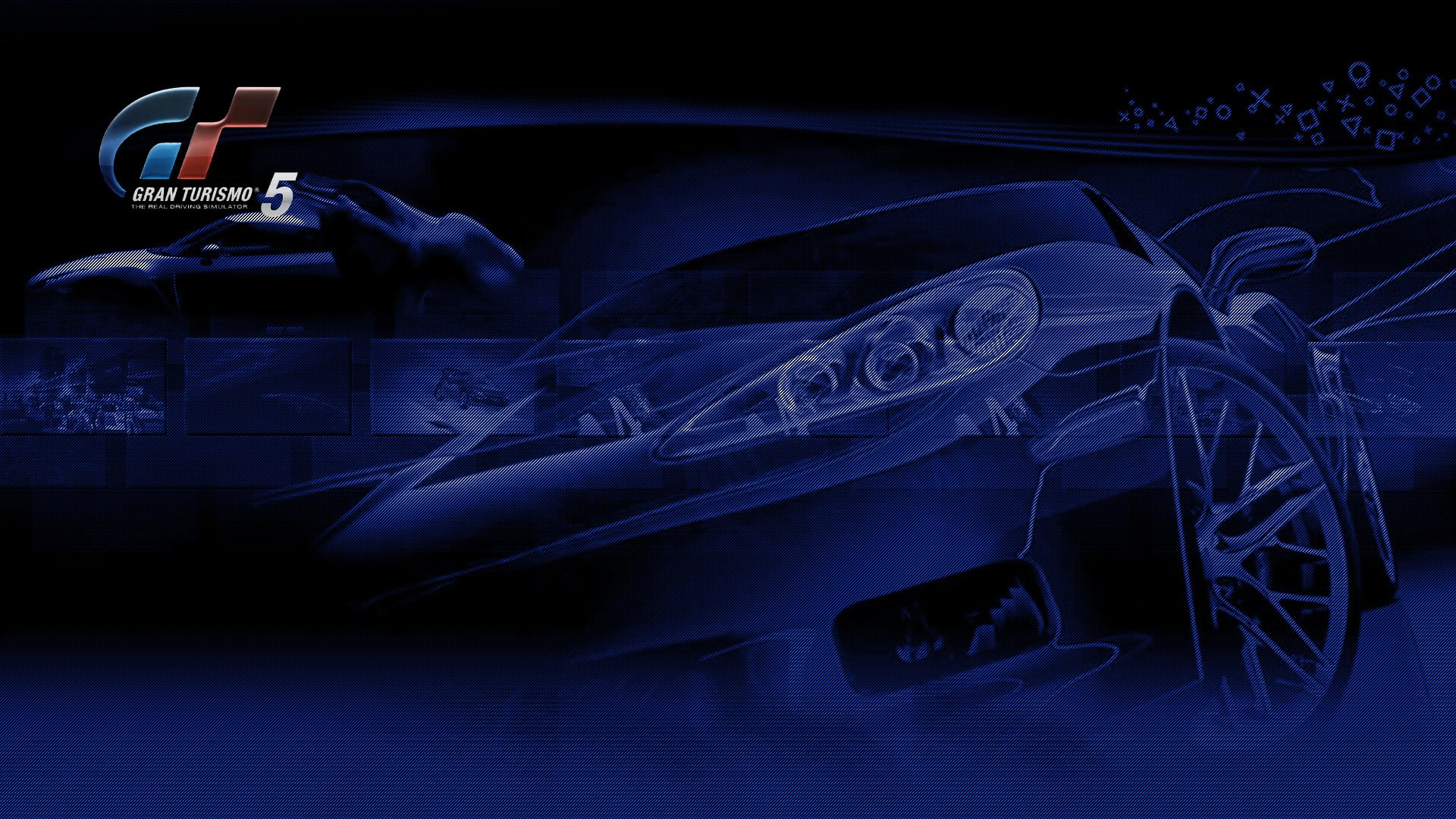 HD PC desktop wallpaper and background for the video game Gran Turismo 5: stylized blue sports car with bright headlights and GT5 logo on a dark, motion-blur backdrop.