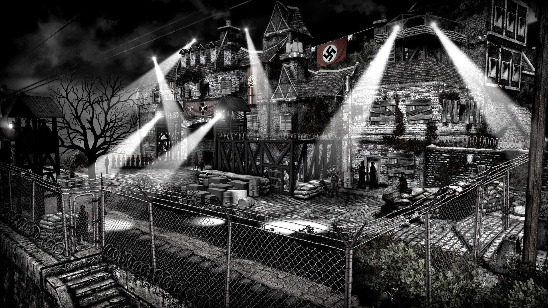HD PC desktop wallpaper from the video game The Saboteur: monochrome wartime cityscape with searchlights, barbed-wire fence and a Nazi flag above bombed buildings.