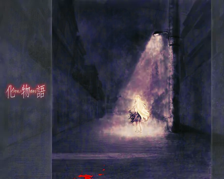 A visually striking HD wallpaper featuring Shinobu Oshino from the Monogatari series, set in a dark, atmospheric alley illuminated by a single streetlight.
