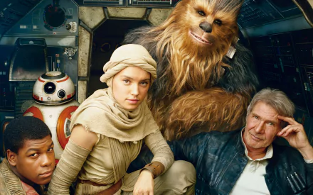 A scene from *Star Wars Episode VII: The Force Awakens*, featuring Han Solo, Chewbacca, Rey, Finn, and BB-8 aboard the Millennium Falcon. A dynamic portrayal of iconic characters.