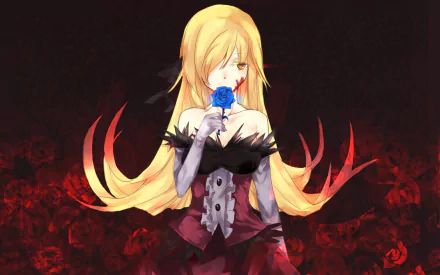 A stunning HD wallpaper featuring Kiss-shot Acerola-orion Heart-under-blade from the Monogatari series, elegantly holding a blue rose amidst a dark floral backdrop.