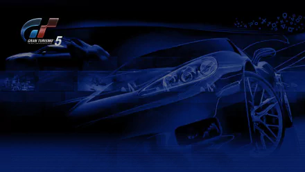 HD PC desktop wallpaper and background for the video game Gran Turismo 5: stylized blue sports car with bright headlights and GT5 logo on a dark, motion-blur backdrop.