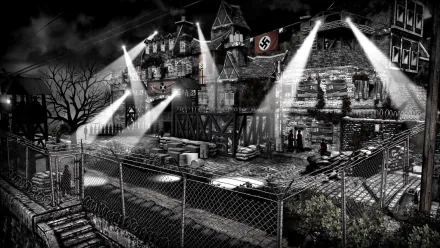 HD PC desktop wallpaper from the video game The Saboteur: monochrome wartime cityscape with searchlights, barbed-wire fence and a Nazi flag above bombed buildings.