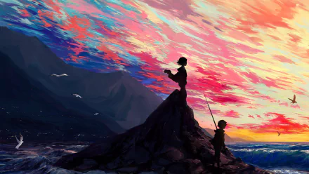 A fantasy coastal scene featuring a vibrant sunset sky over the ocean. Silhouetted figures of a child and an adult stand on rocky terrain, gazing out at the colorful horizon.