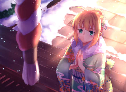 A serene HD wallpaper featuring Saber from the Fate Series, dressed in a traditional kimono, with a gentle sunset glow and soft snow, capturing a moment of contemplation in an anime style.