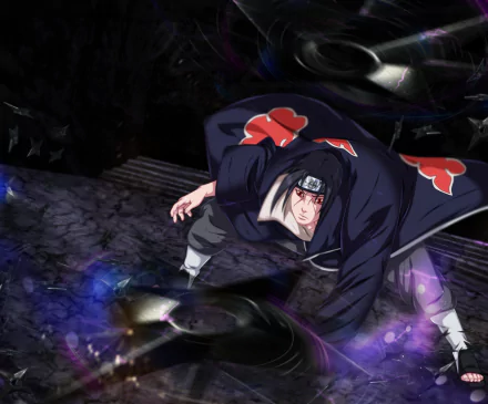 HD desktop wallpaper featuring Itachi Uchiha from the anime Naruto, showcasing dynamic action and dramatic colors against a dark background.