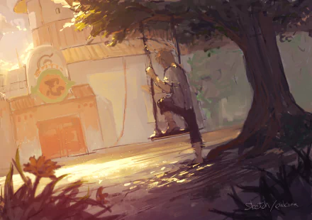 A serene HD wallpaper featuring Naruto Uzumaki, surrounded by soft sunlight and nature, standing by a swing, evoking a peaceful moment in the Naruto anime.