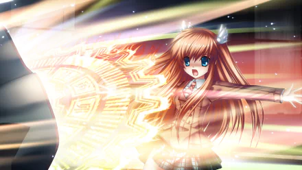 Anime Rewrite HD PC desktop wallpaper/background: schoolgirl with long brown hair and bright blue eyes unleashing a glowing magical shield amid streaks of light.