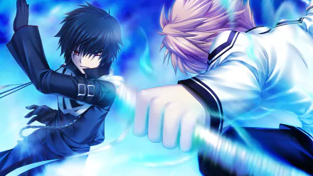 HD anime desktop wallpaper from Rewrite, depicting an intense battle scene with two characters clashing energy-infused blows in vibrant blue tones.