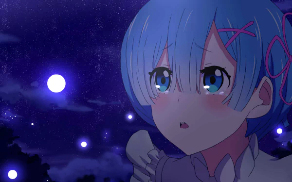 HD wallpaper featuring Rem from Re:ZERO - Starting Life in Another World, gazing thoughtfully against a starry night sky filled with glowing orbs.
