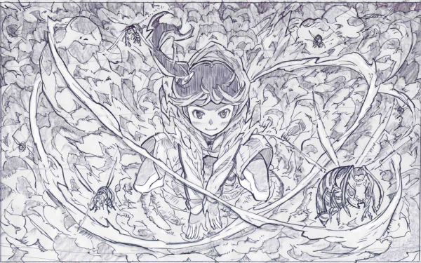 Detailed black-and-white sketch of Karen Araragi from the Monogatari series, featuring dynamic lines and intricate floral patterns, designed as an HD PC desktop wallpaper.