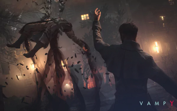HD PC desktop wallpaper from the video game Vampyr, featuring a dark, eerie scene with a cloaked figure and a supernatural creature in a foggy, lantern-lit environment.