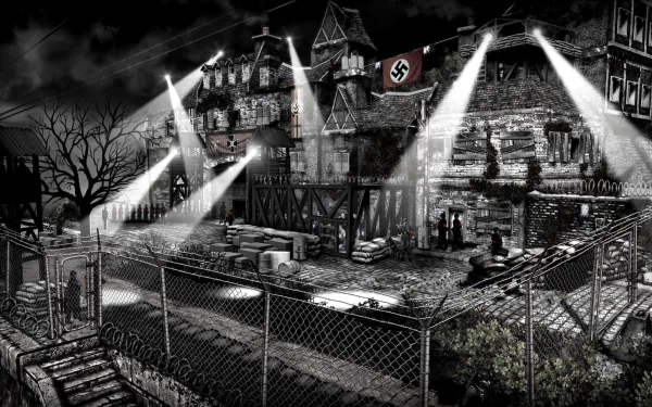 HD PC desktop wallpaper from the video game The Saboteur: monochrome wartime cityscape with searchlights, barbed-wire fence and a Nazi flag above bombed buildings.